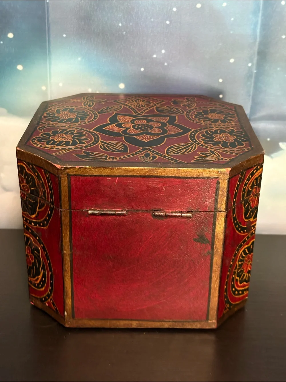 Pier One Decorative Box Floral red, black,gold wooden storage keepsake. PO